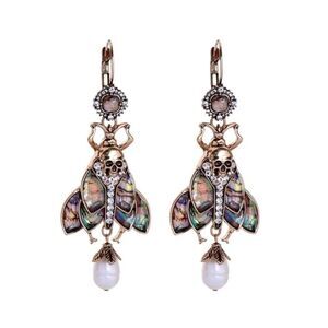 Abalone Bee Rhinestone Skull Vintage Gold Dangle Statement Earrings